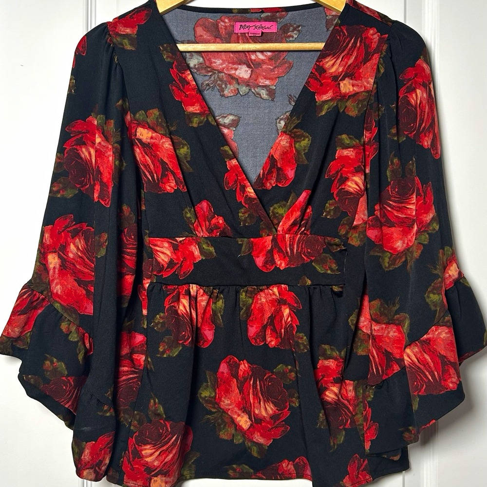 Betsey Johnson Black Red Rose Floral Print V-Neck Ruffle Bell Sleeve Blouse